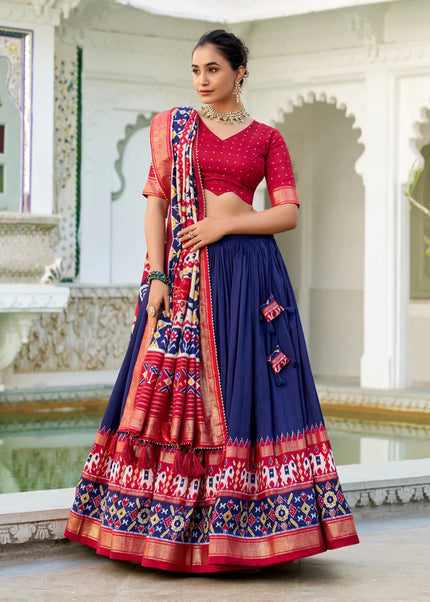 Navy Blue and Red Embroidered Lehenga Choli