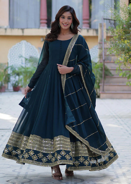 Blue and Gold Embroidered Anarkali Gown