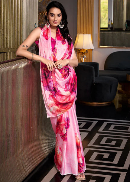 Pink Floral Printed and Embroidered Saree