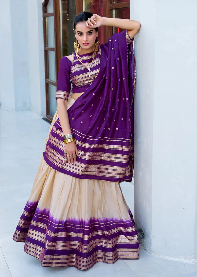 Offwhite and Purple Weaved Lehenga Choli