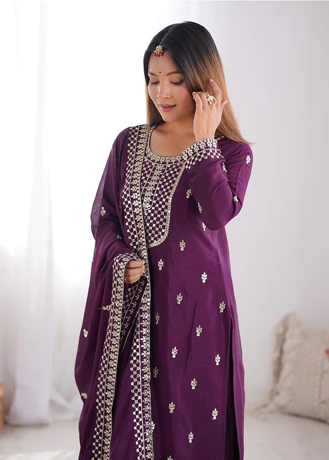 Purple Embroidered Pant Style Suit