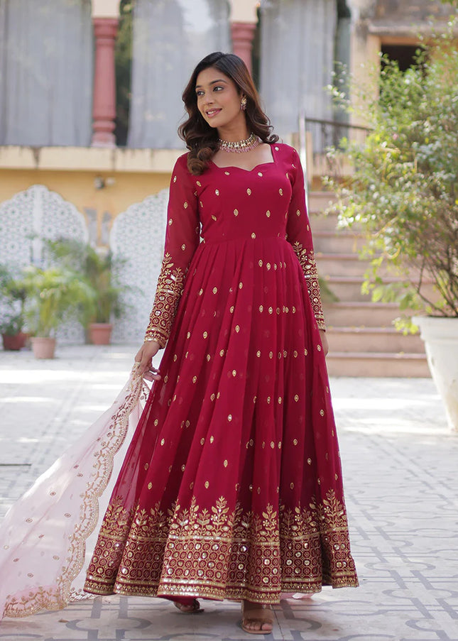 Red and Gold Embroidered Anarkali Gown
