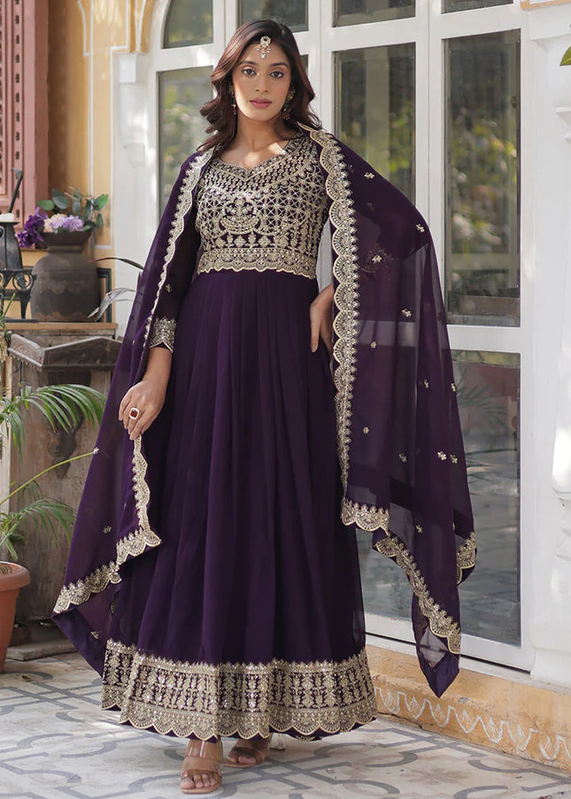 Purple Embroidered Anarkali Gown