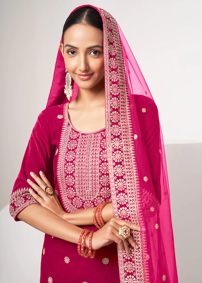 Pink Velvet Embroidered Straight Cut Suit