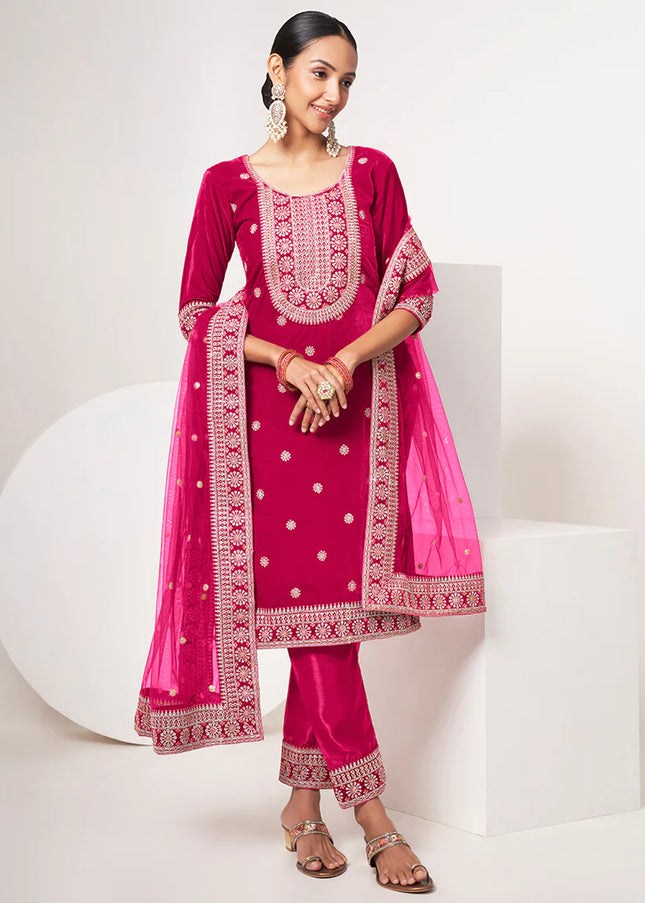 Pink Velvet Embroidered Straight Cut Suit