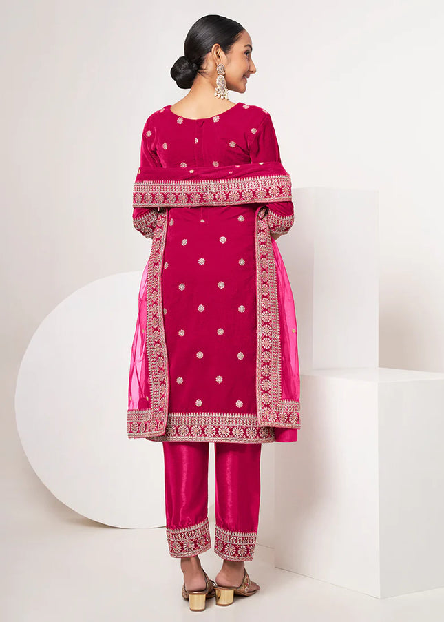 Pink Velvet Embroidered Straight Cut Suit