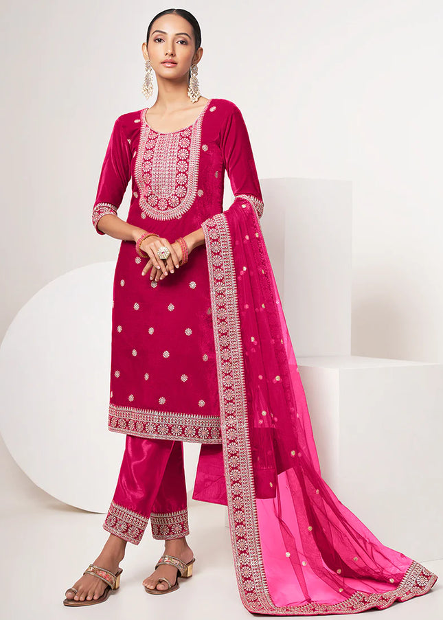 Pink Velvet Embroidered Straight Cut Suit