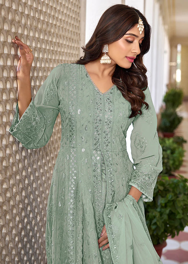 Light Green Embroidered Pant Style Anarkali