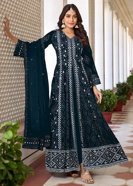 Dark Blue Embroidered Pant Style Anarkali