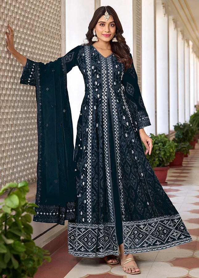 Dark Blue Embroidered Pant Style Anarkali