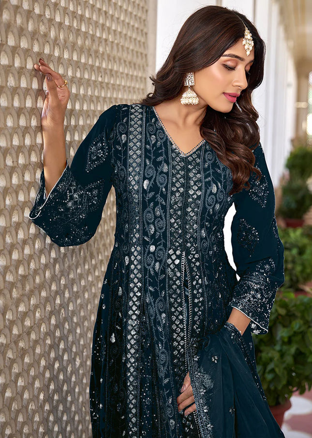 Dark Blue Embroidered Pant Style Anarkali