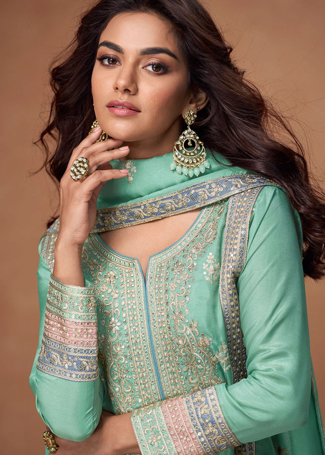 Sea Green Embroidered Sharara Suit