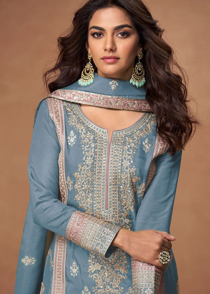 Blue Grey Embroidered Sharara Suit
