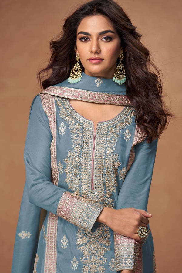Blue Grey Embroidered Sharara Suit