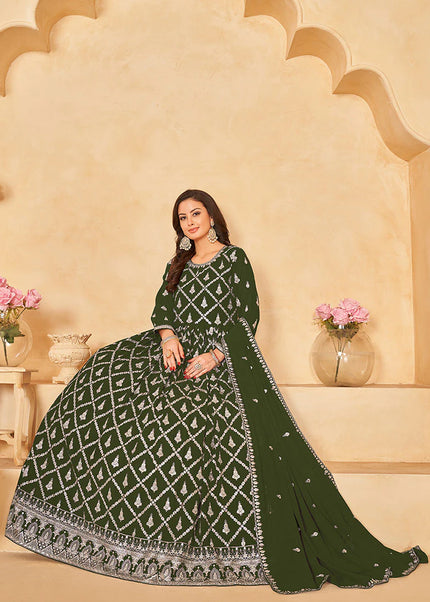 Olive Green Embroidered Anarkali