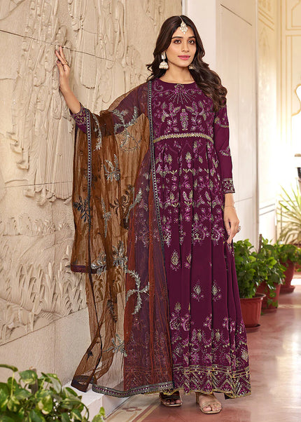 Wine Embroidered Anarkali Suit