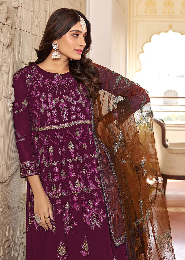 Wine Embroidered Anarkali Suit