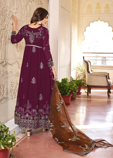 Wine Embroidered Anarkali Suit