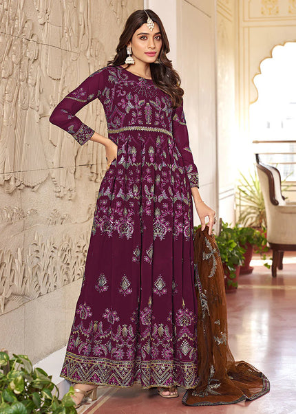 Wine Embroidered Anarkali Suit