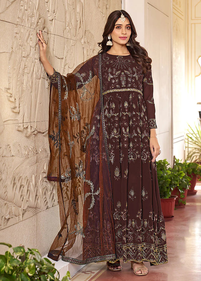 Brown Embroidered Anarkali Suit