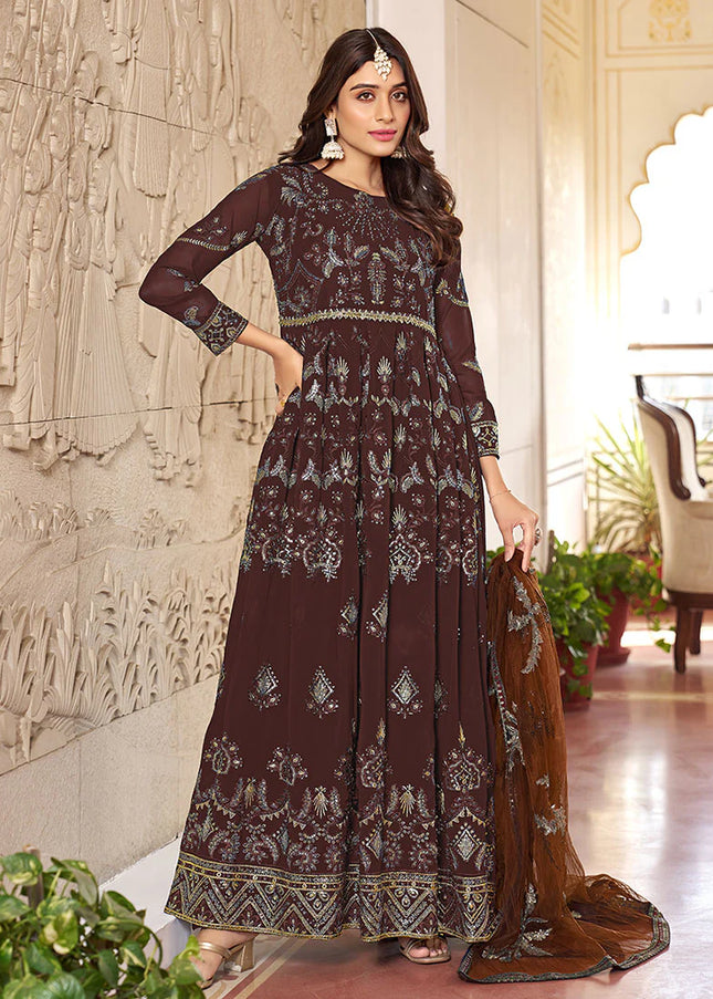 Brown Embroidered Anarkali Suit