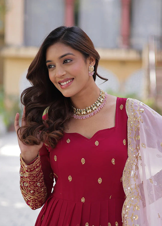 Red and Gold Embroidered Anarkali Gown