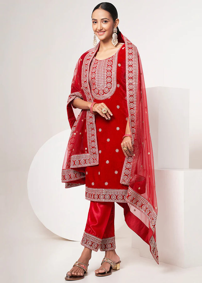 Red Velvet Embroidered Straight Cut Suit