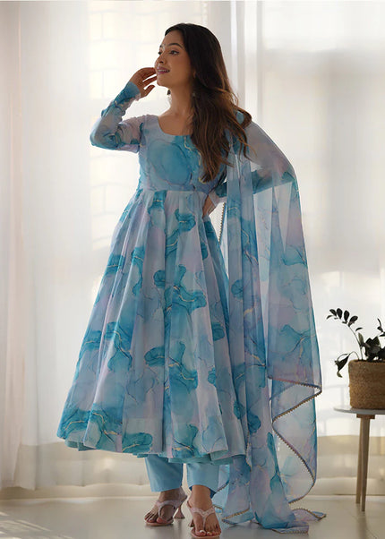 Sky Blue Floral Printed Anarkali Suit