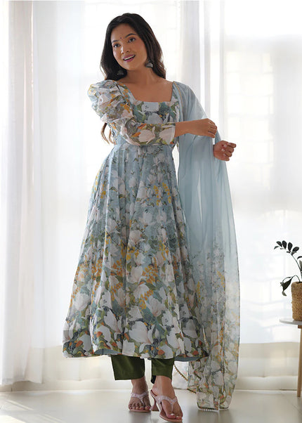 Green Floral Printed Anarkali Suit