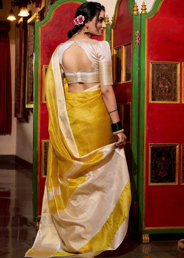 Yellow and Offwhite Embroidered  Saree