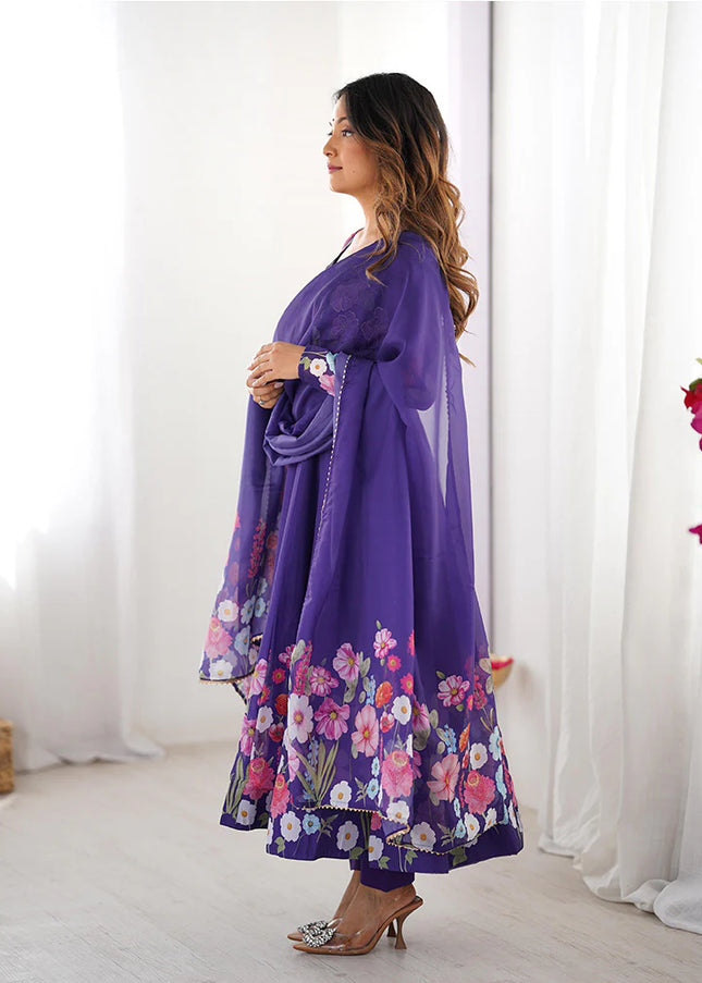 Purple Floral Printed Anarkali Suit