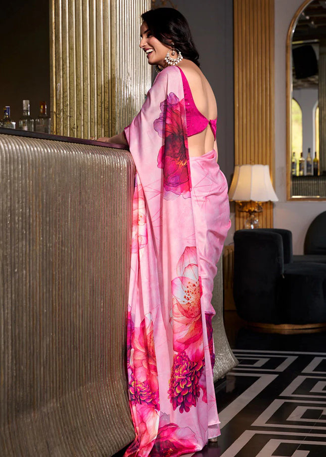 Pink Floral Printed and Embroidered Saree