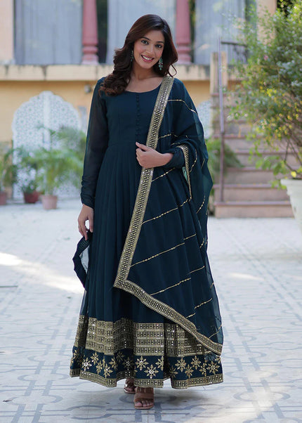 Blue and Gold Embroidered Anarkali Gown