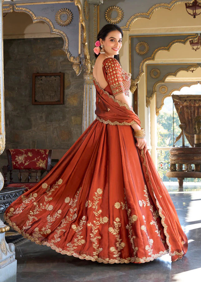 Rust Embroidered Lehenga Choli