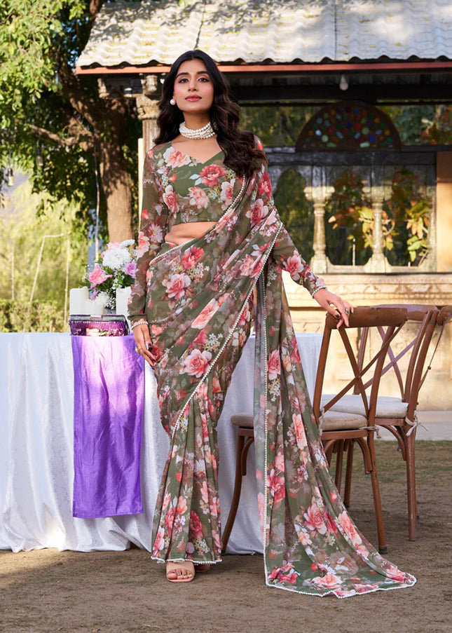 Dark Green Floral Printed Embroidered Saree