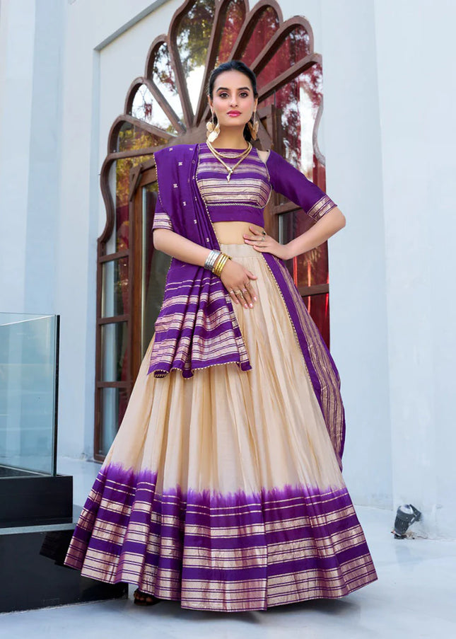 Offwhite and Purple Weaved Lehenga Choli