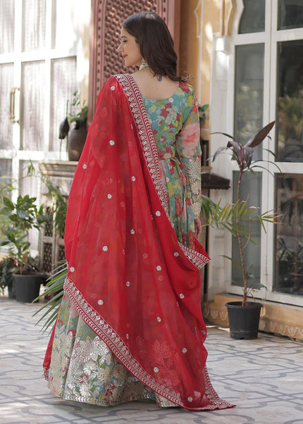 Green Multicolor Printed and Embroidered Anarkali Gown