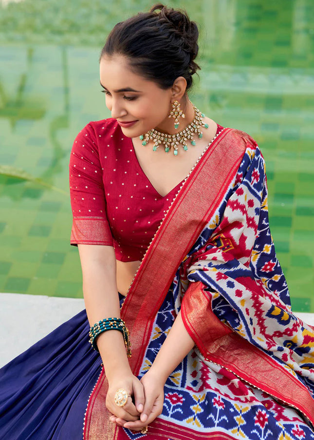 Navy Blue and Red Embroidered Lehenga Choli