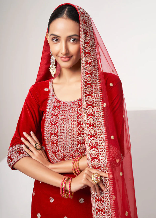 Red Velvet Embroidered Straight Cut Suit