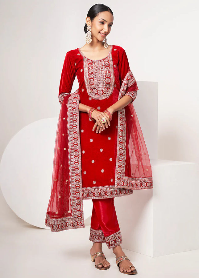 Red Velvet Embroidered Straight Cut Suit