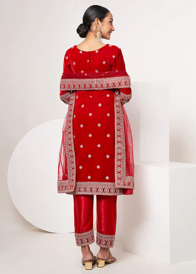 Red Velvet Embroidered Straight Cut Suit