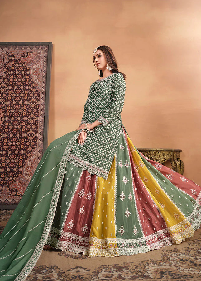 Green Multicolor Embroidered Lehenga Suit