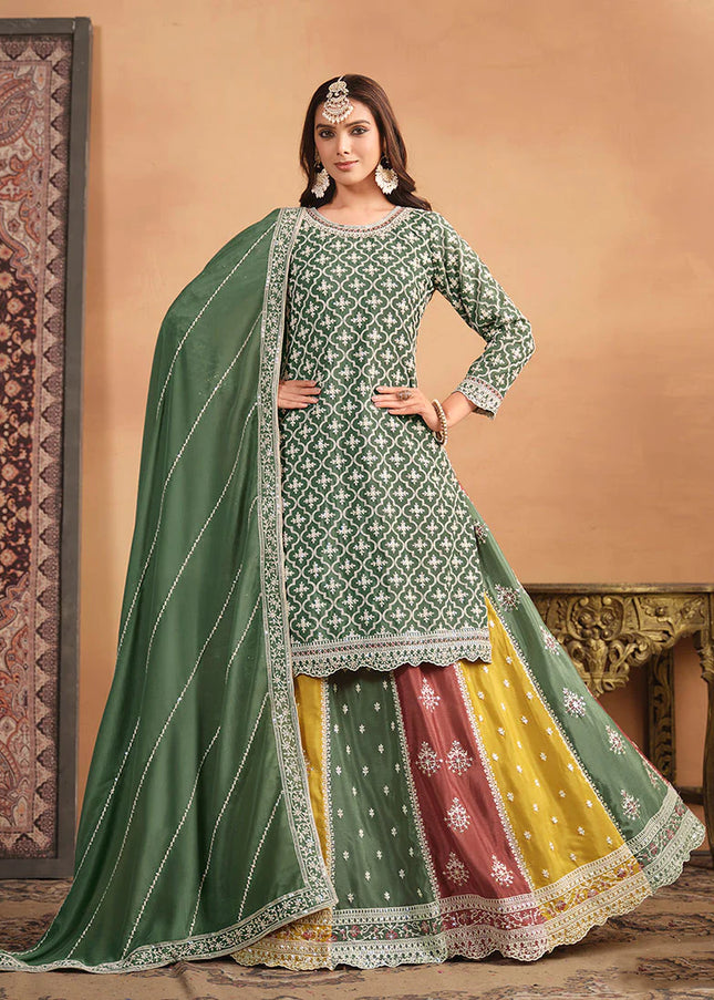 Green Multicolor Embroidered Lehenga Suit