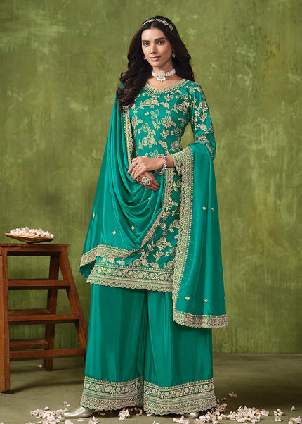 Turquoise Embroidered Palazzo Suit