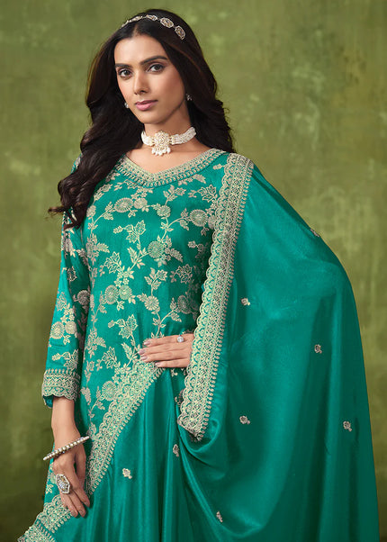 Turquoise Embroidered Palazzo Suit