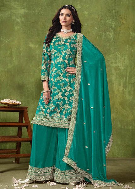 Turquoise Embroidered Palazzo Suit