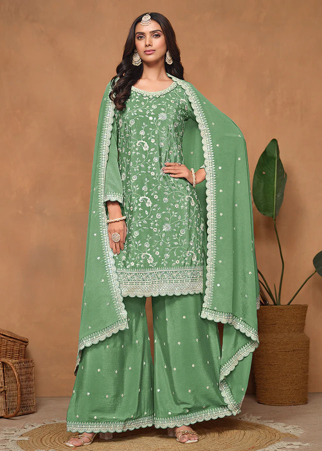 Green Embroidered Palazzo Suit