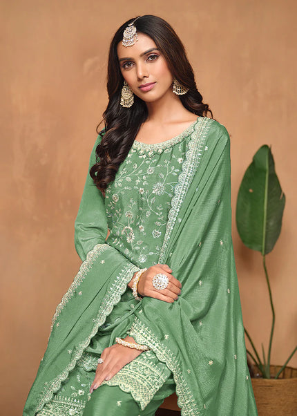 Green Embroidered Palazzo Suit