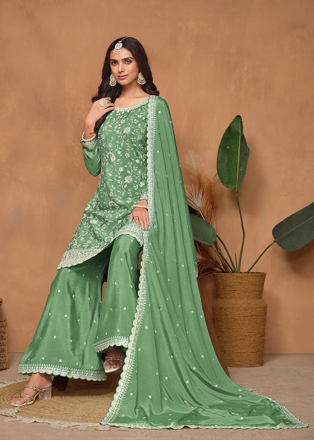 Green Embroidered Palazzo Suit