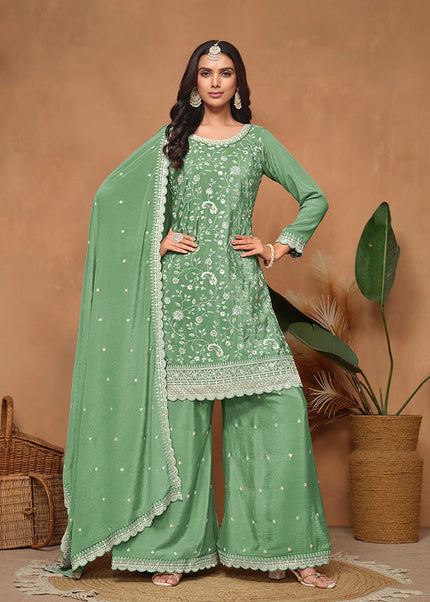 Green Embroidered Palazzo Suit